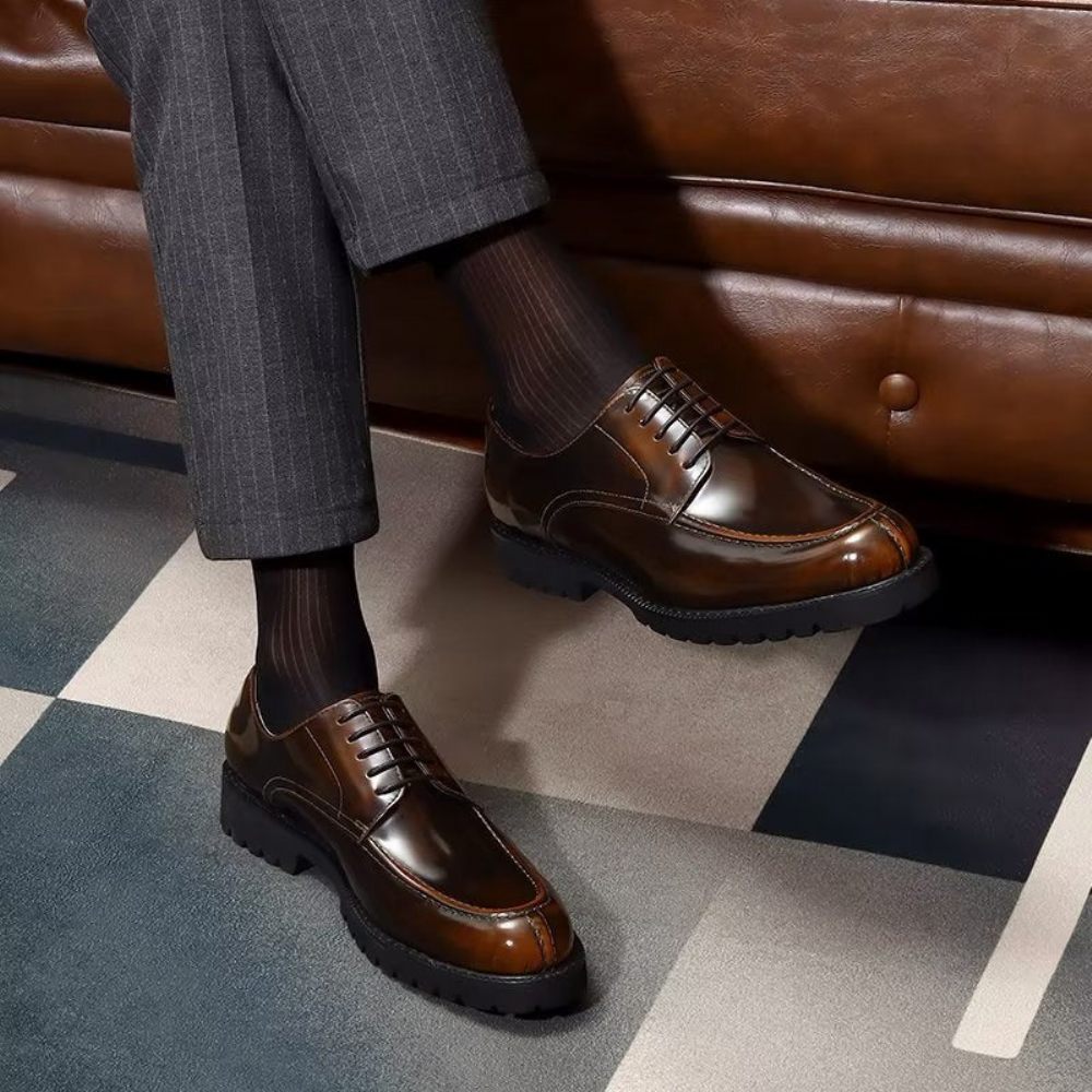 Chaussures Formelles Pour Hommes Luxe Cuir Vache À Bout Rond Derby - Café