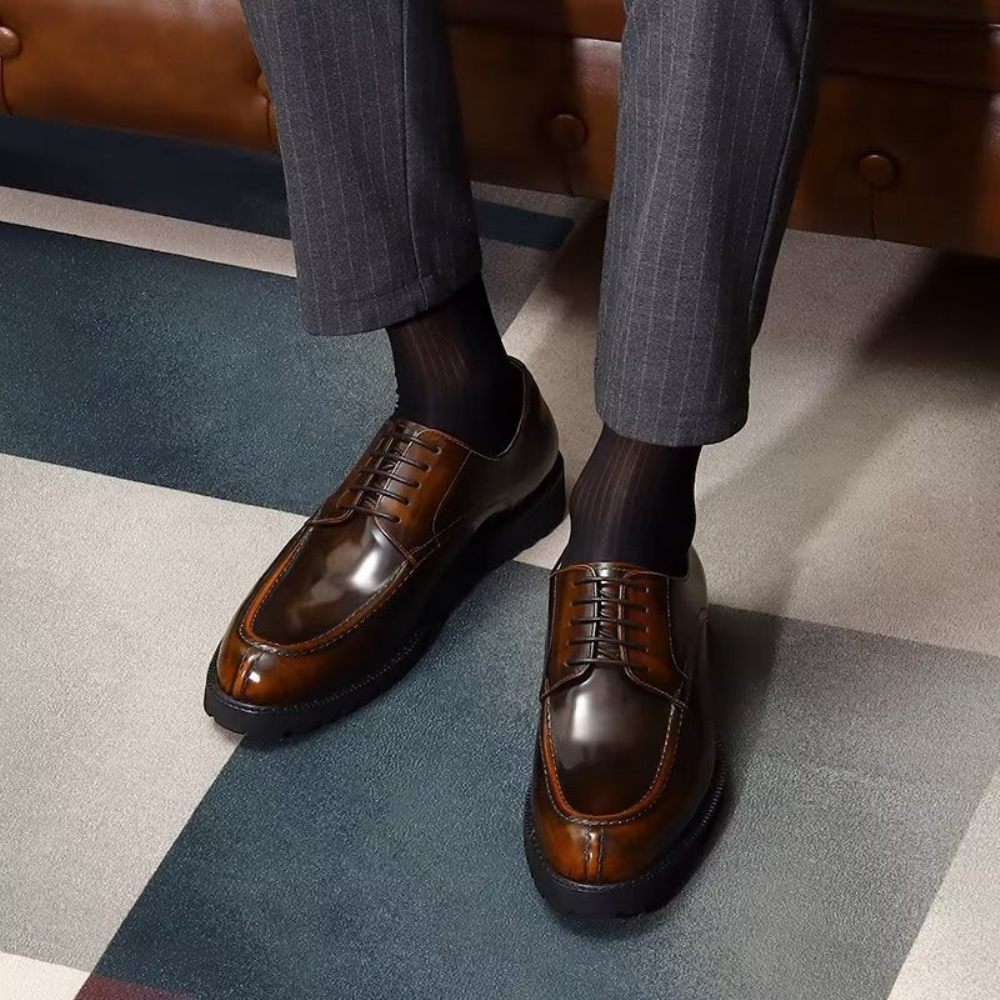 Chaussures Formelles Pour Hommes Luxe Cuir Vache À Bout Rond Derby - Café