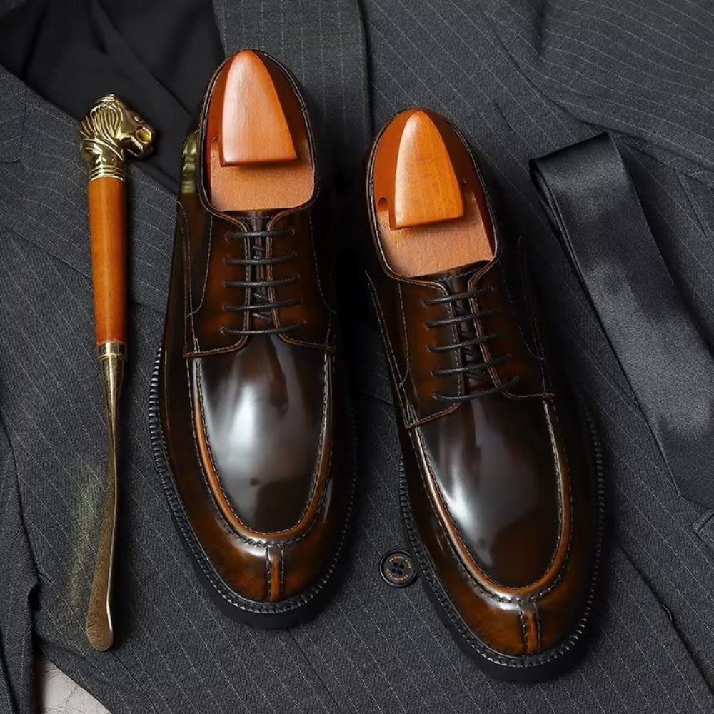 Chaussures Formelles Pour Hommes Luxe Cuir Vache À Bout Rond Derby - Café