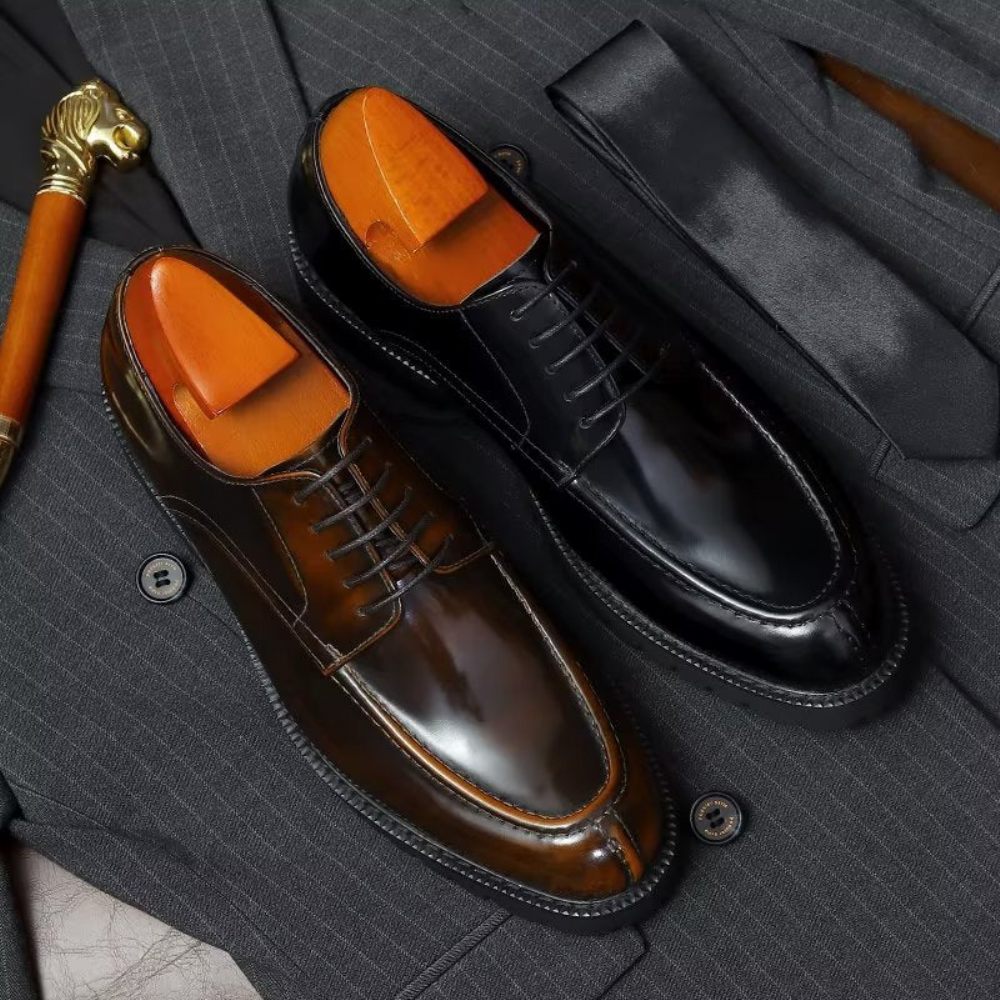 Chaussures Formelles Pour Hommes Luxe Cuir Vache À Bout Rond Derby - Café