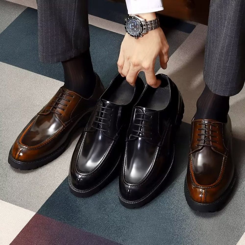 Chaussures Formelles Pour Hommes Luxe Cuir Vache À Bout Rond Derby - Café