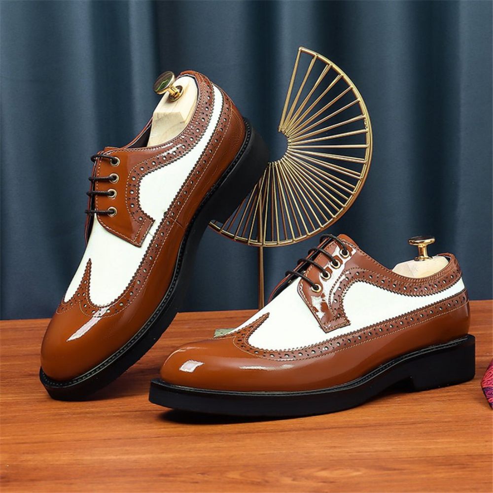 Chaussures Formelles Pour Hommes Mariage Cuir À Lacets Et Bout Rond Gracieuses - Café