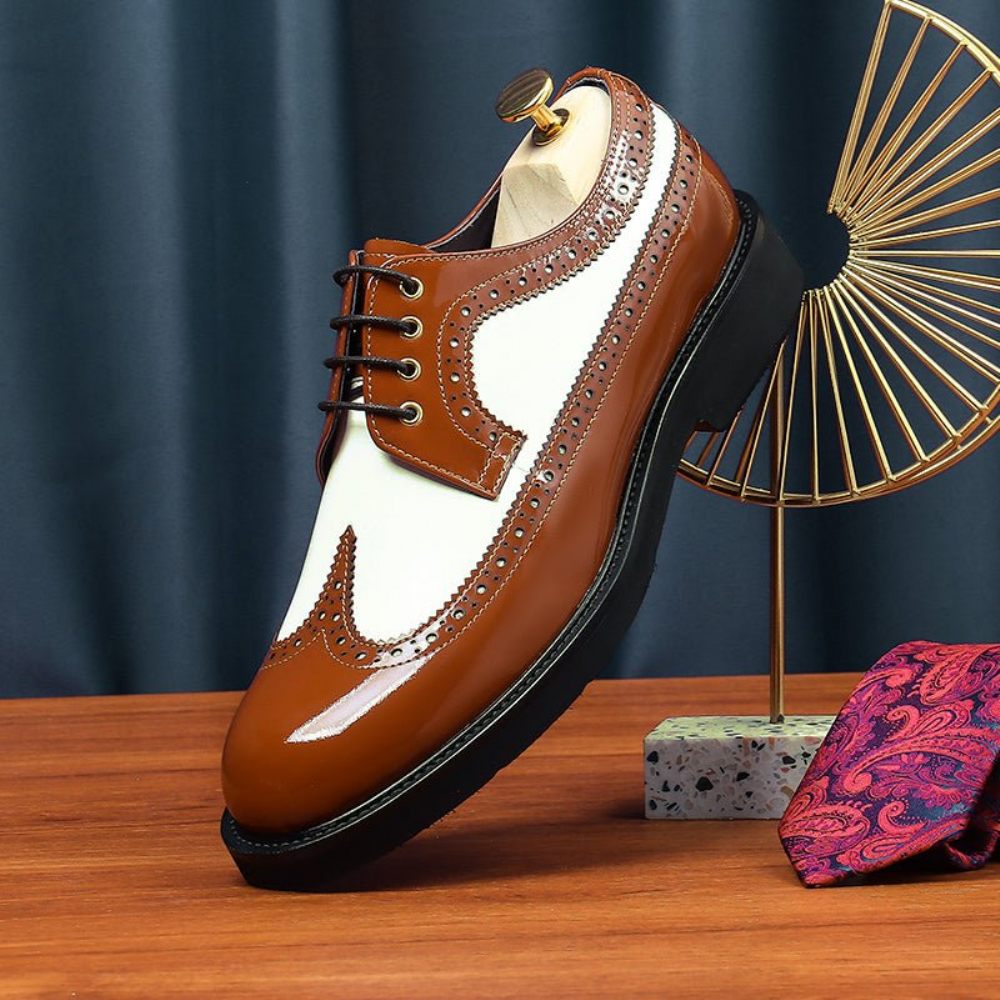 Chaussures Formelles Pour Hommes Mariage Cuir À Lacets Et Bout Rond Gracieuses - Café