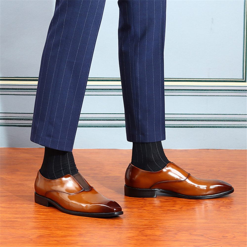 Chaussures Formelles Pour Hommes Mariage Luxe À Bout Pointu Avec Bande Élastique - Café