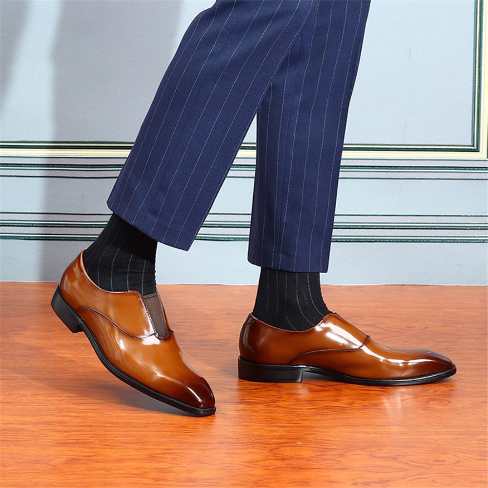 Chaussures Formelles Pour Hommes Mariage Luxe À Bout Pointu Avec Bande Élastique - Café