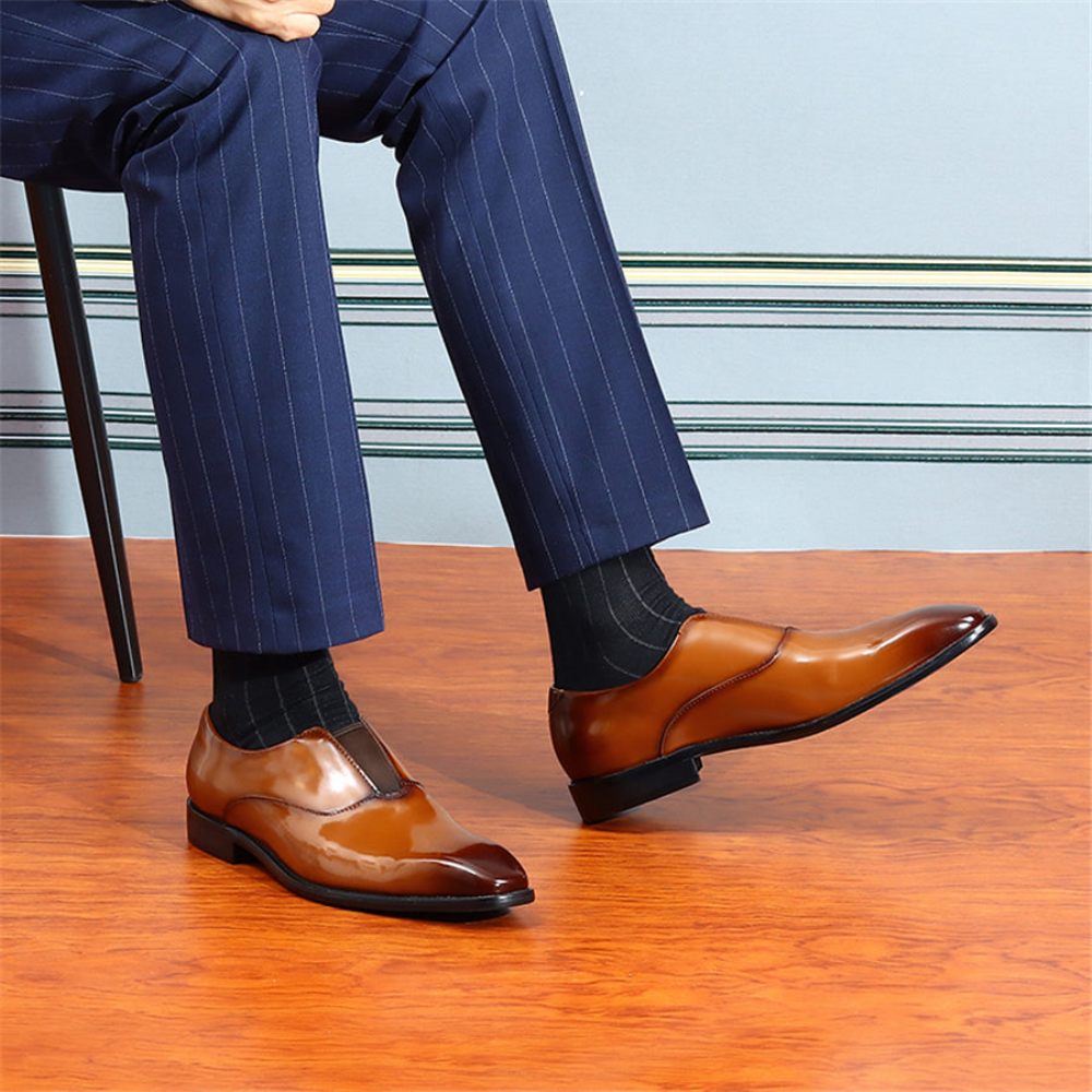 Chaussures Formelles Pour Hommes Mariage Luxe À Bout Pointu Avec Bande Élastique - Café