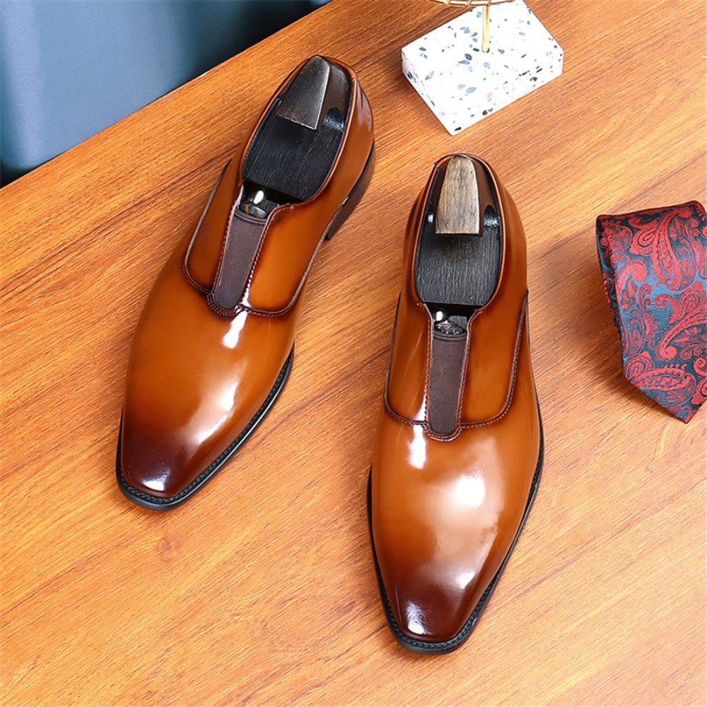 Chaussures Formelles Pour Hommes Mariage Luxe À Bout Pointu Avec Bande Élastique - Café