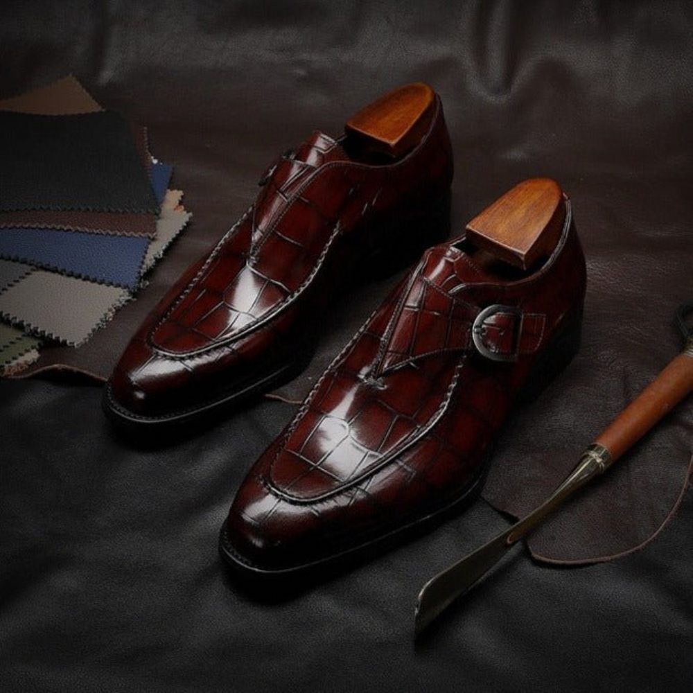 Chaussures Formelles Pour Hommes Mariée À Enfiler Cuir Véritable - Rouge