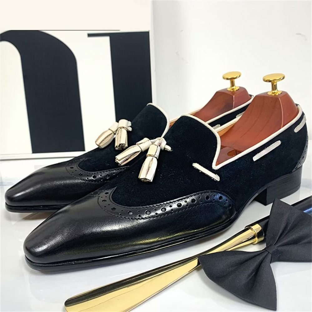 Chaussures Formelles Pour Hommes Mocassins À Bout Pointu Prestige Cuir Véritable - Noir