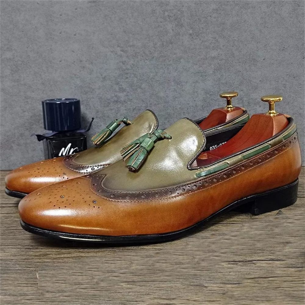 Chaussures Formelles Pour Hommes Mocassins À Bout Pointu Prestige Cuir Véritable - Vert Armée