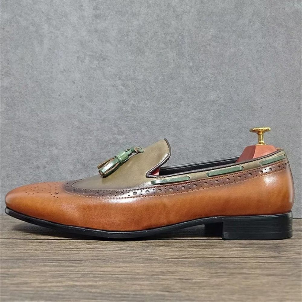 Chaussures Formelles Pour Hommes Mocassins À Bout Pointu Prestige Cuir Véritable - Vert Armée