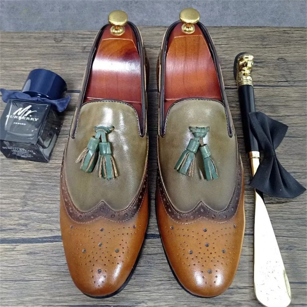 Chaussures Formelles Pour Hommes Mocassins À Bout Pointu Prestige Cuir Véritable - Vert Armée