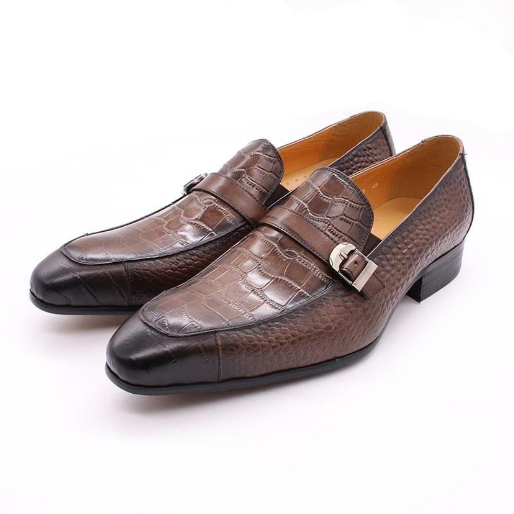 Chaussures Formelles Pour Hommes Mocassins Cuir À Enfiler Avec Sangle Boucle Et Imprimé Croco Luxe - Café