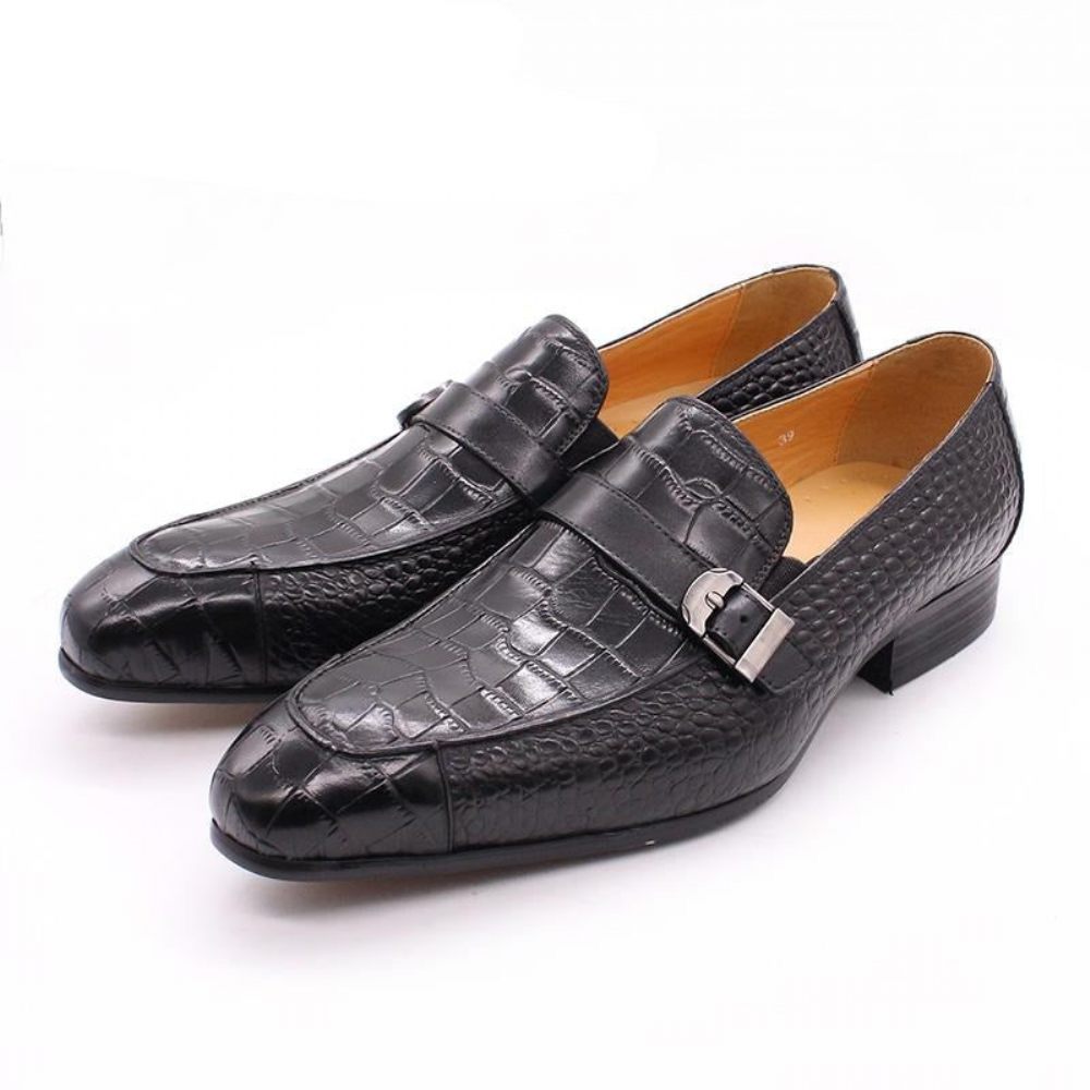 Chaussures Formelles Pour Hommes Mocassins Cuir À Enfiler Avec Sangle Boucle Et Imprimé Croco Luxe - Noir