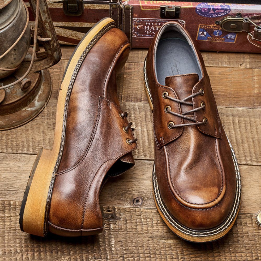 Chaussures Formelles Pour Hommes Mocassins Cuir Rétro Ombre Tentante Élégants À Lacets - Café