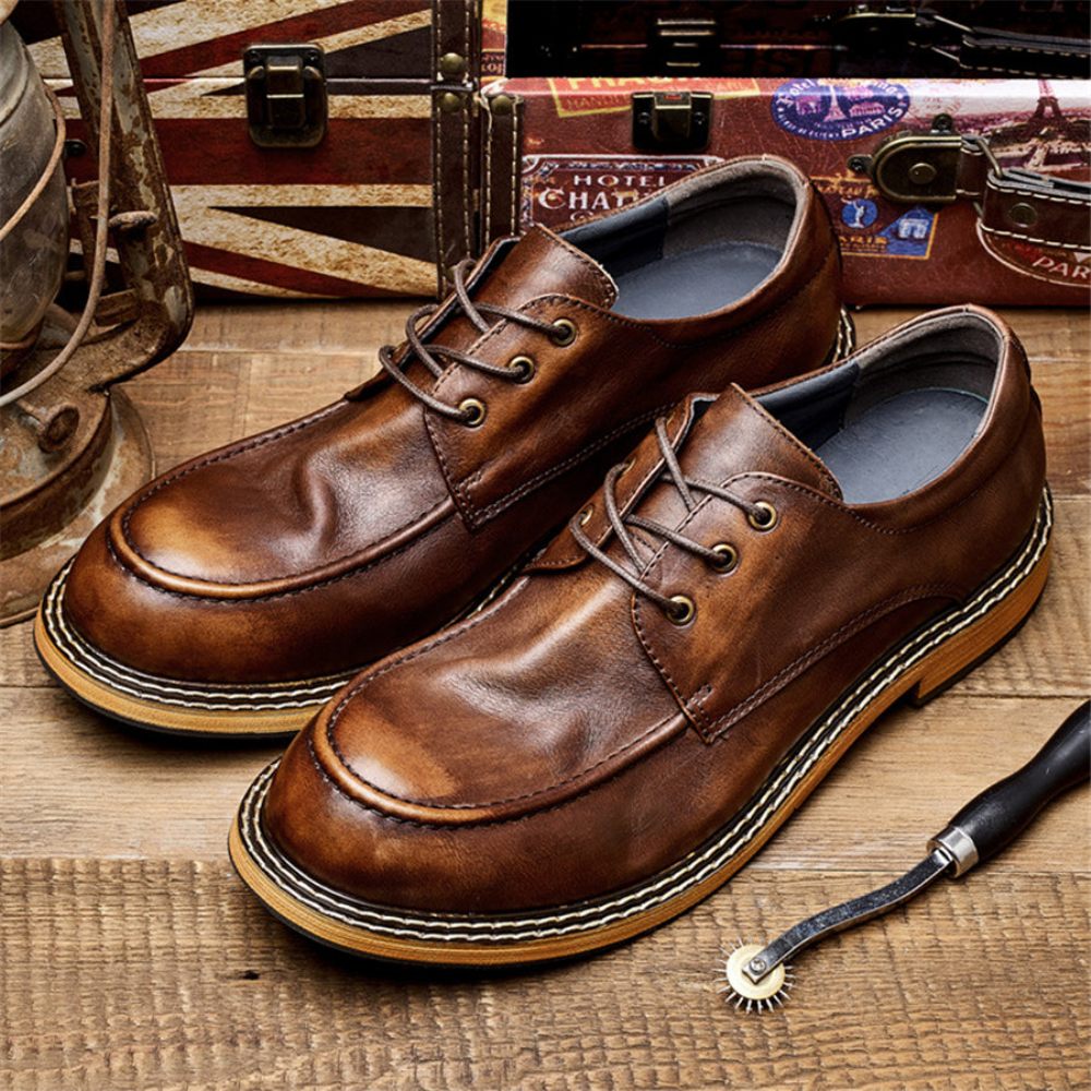 Chaussures Formelles Pour Hommes Mocassins Cuir Rétro Ombre Tentante Élégants À Lacets - Café