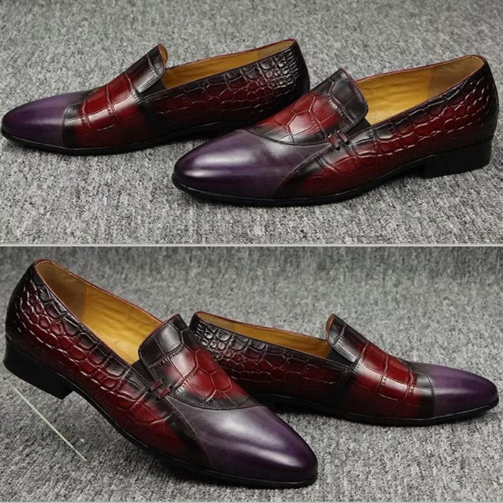 Chaussures Formelles Pour Hommes Mocassins À Enfiler Cuir Véritable Motif Crocodile - Rouge