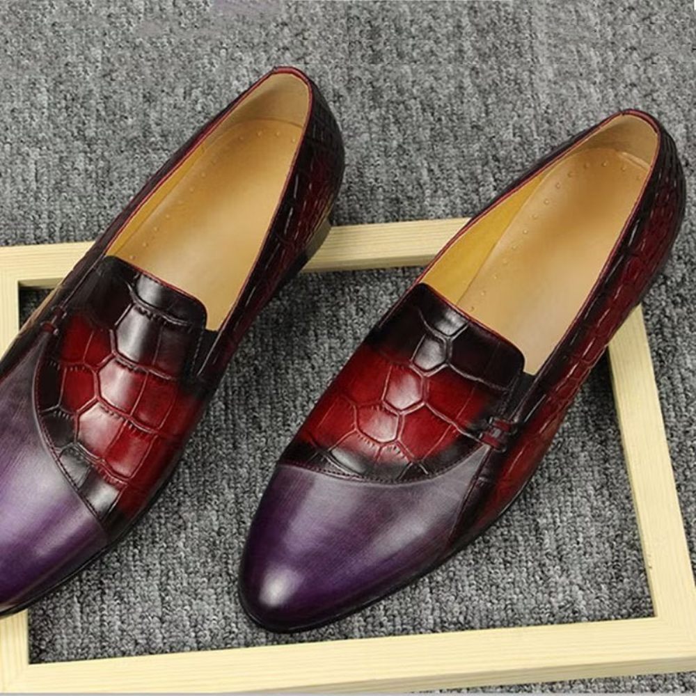 Chaussures Formelles Pour Hommes Mocassins À Enfiler Cuir Véritable Motif Crocodile - Rouge