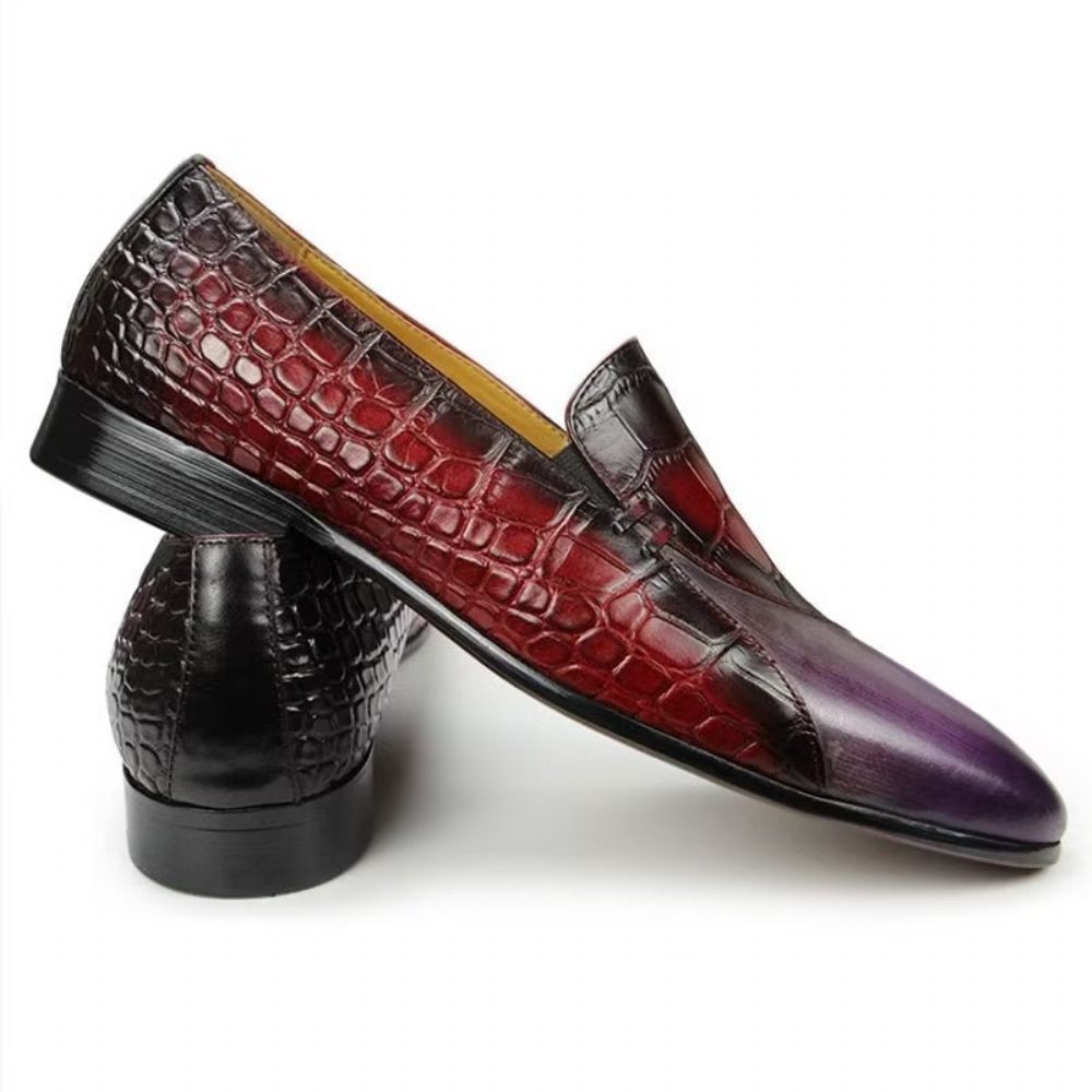 Chaussures Formelles Pour Hommes Mocassins À Enfiler Cuir Véritable Motif Crocodile - Rouge