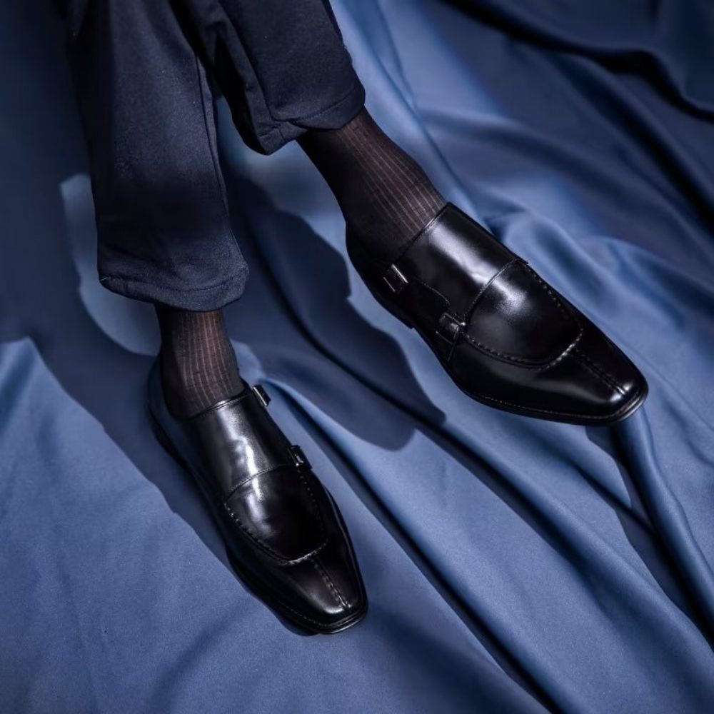 Chaussures Formelles Pour Hommes Monkstrap Habillées Élégantes Cuir Vache - Noir