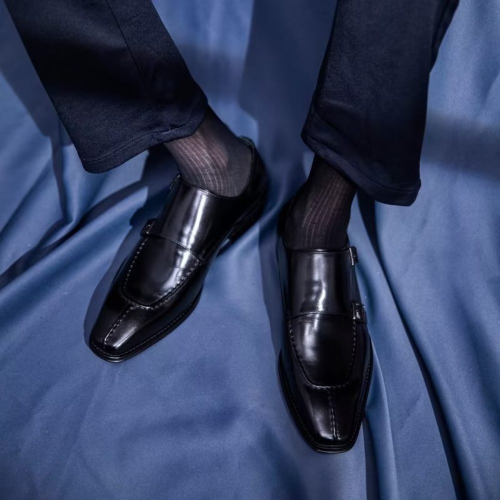 Chaussures Formelles Pour Hommes Monkstrap Habillées Élégantes Cuir Vache - Noir