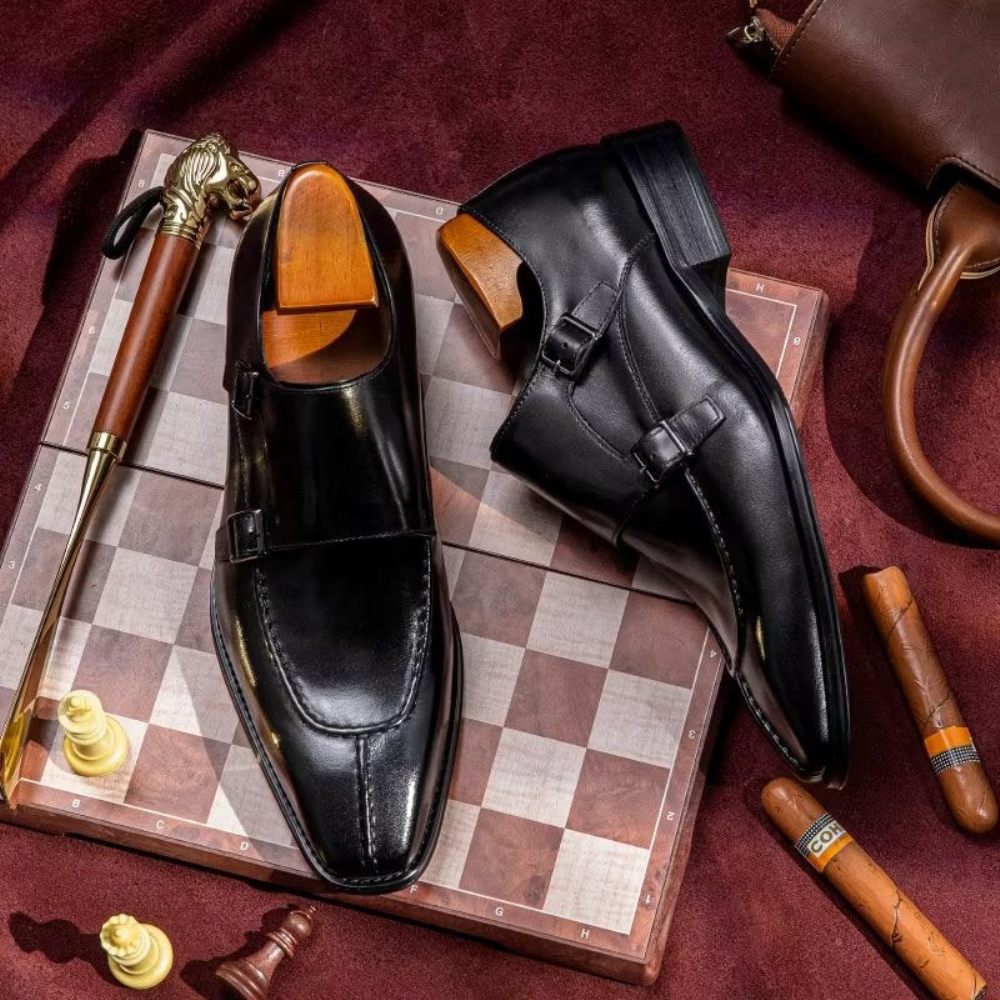 Chaussures Formelles Pour Hommes Monkstrap Habillées Élégantes Cuir Vache - Noir