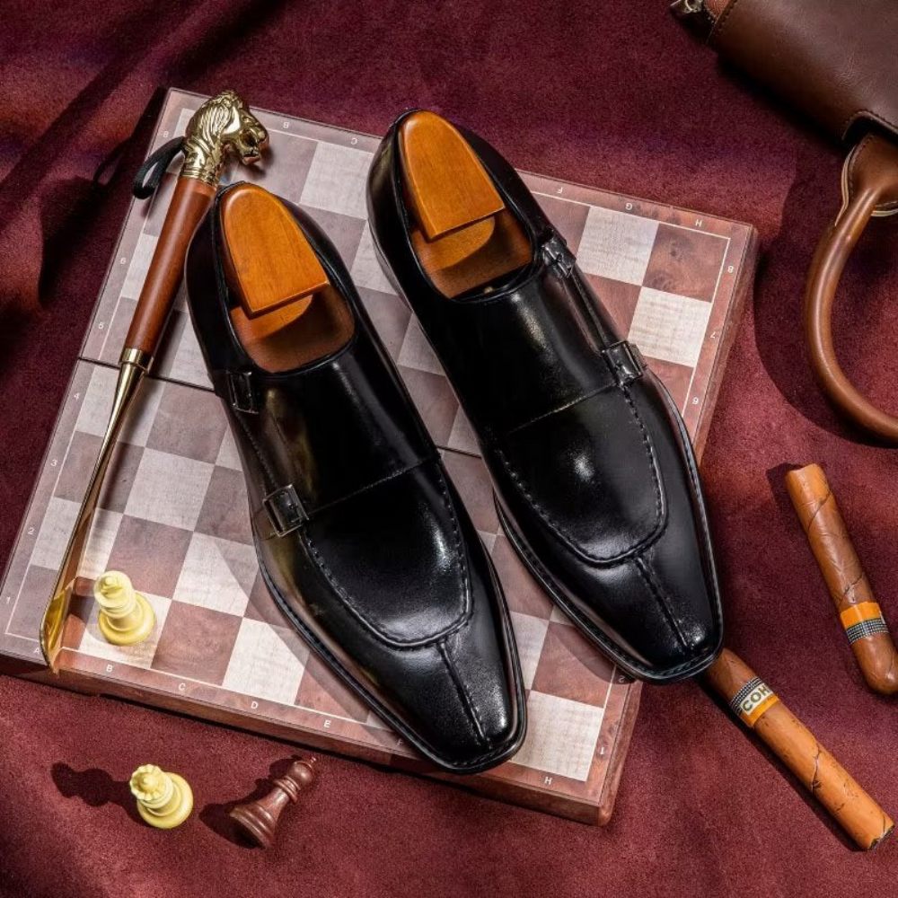 Chaussures Formelles Pour Hommes Monkstrap Habillées Élégantes Cuir Vache - Noir