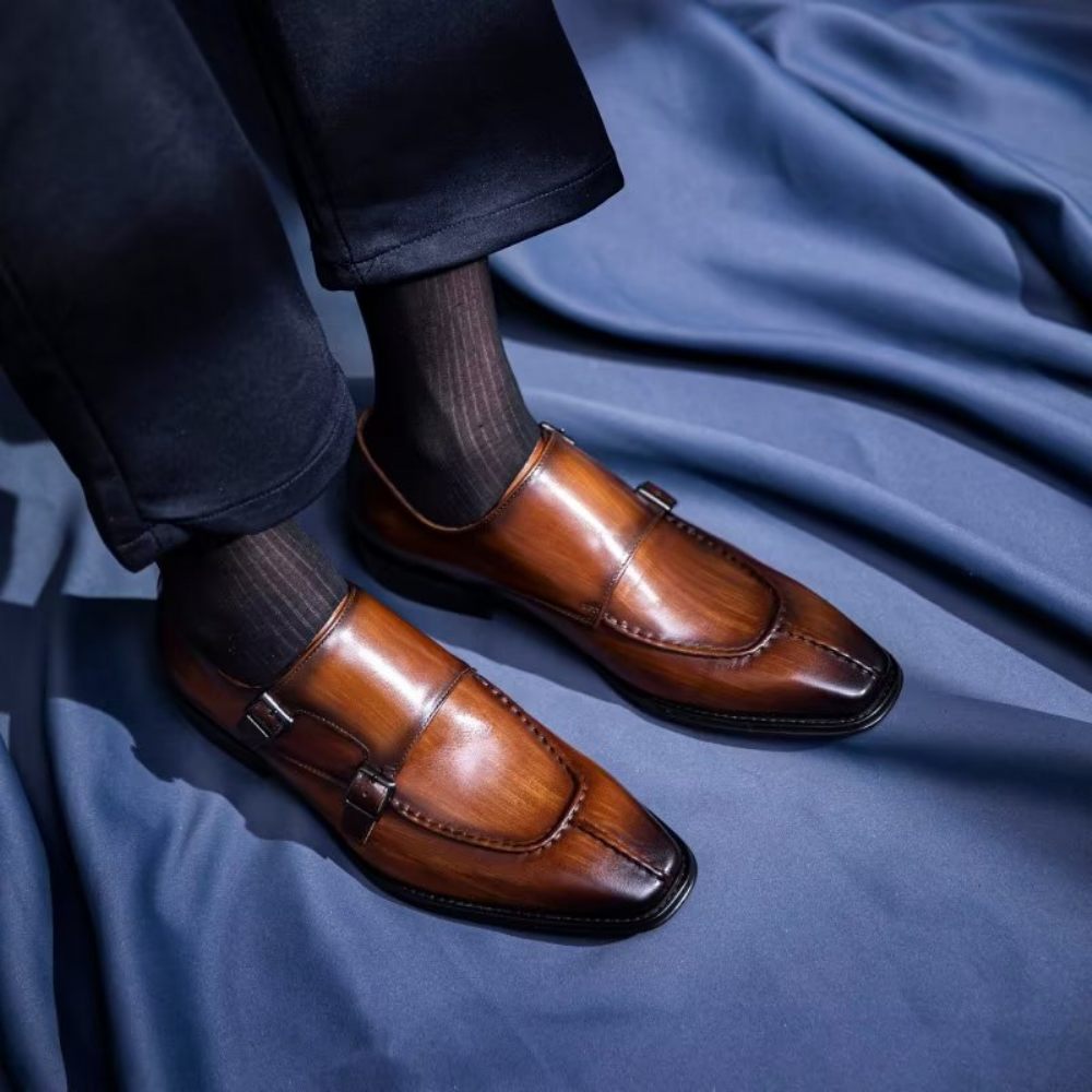 Chaussures Formelles Pour Hommes Monkstrap Habillées Élégantes Cuir Vache - Café