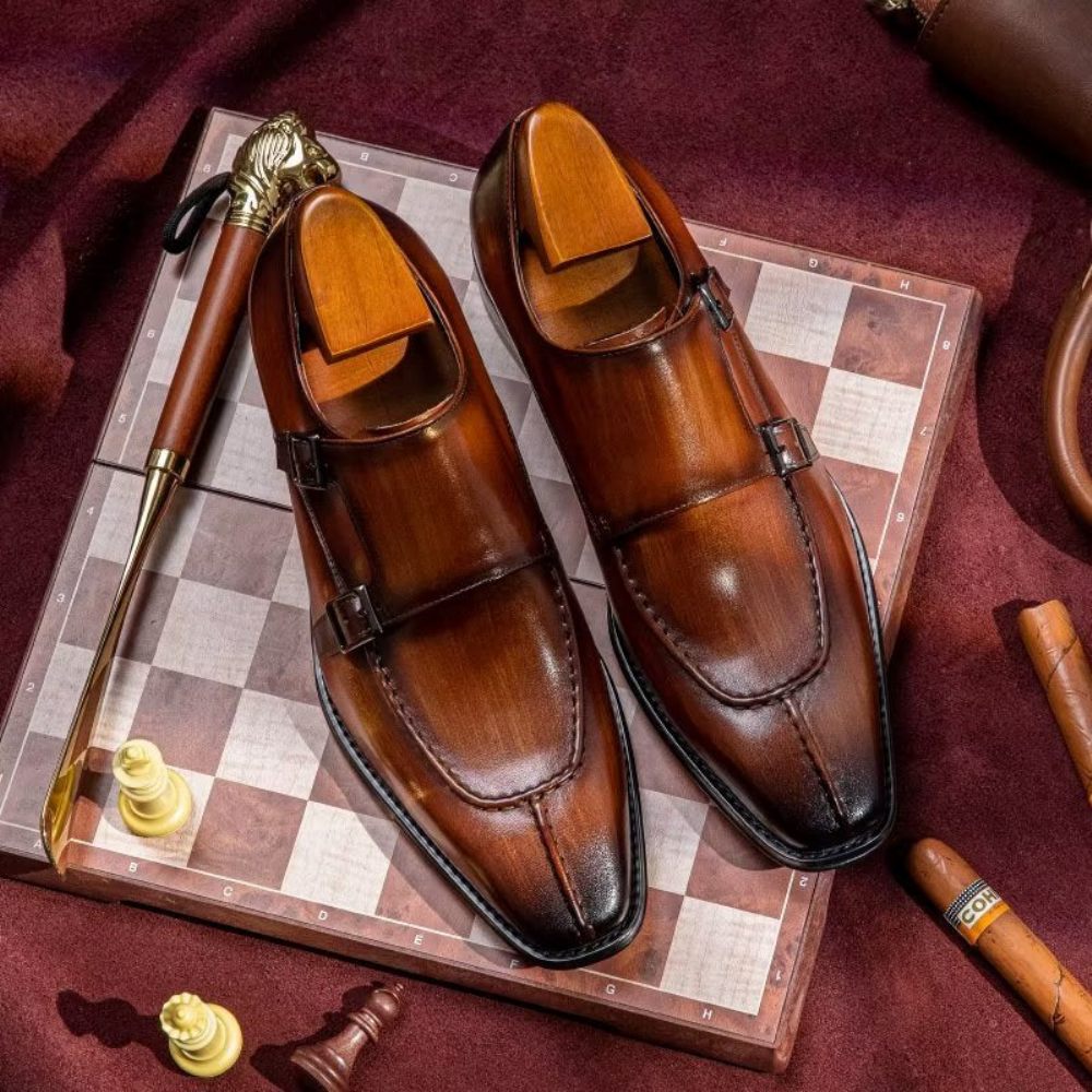 Chaussures Formelles Pour Hommes Monkstrap Habillées Élégantes Cuir Vache - Café