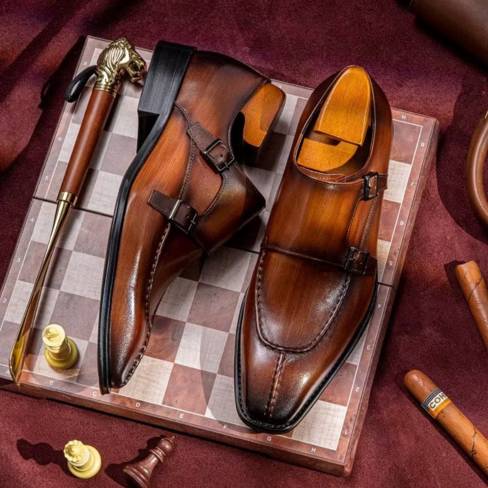 Chaussures Formelles Pour Hommes Monkstrap Habillées Élégantes Cuir Vache - Café