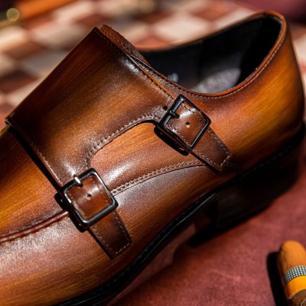 Chaussures Formelles Pour Hommes Monkstrap Habillées Élégantes Cuir Vache - Café