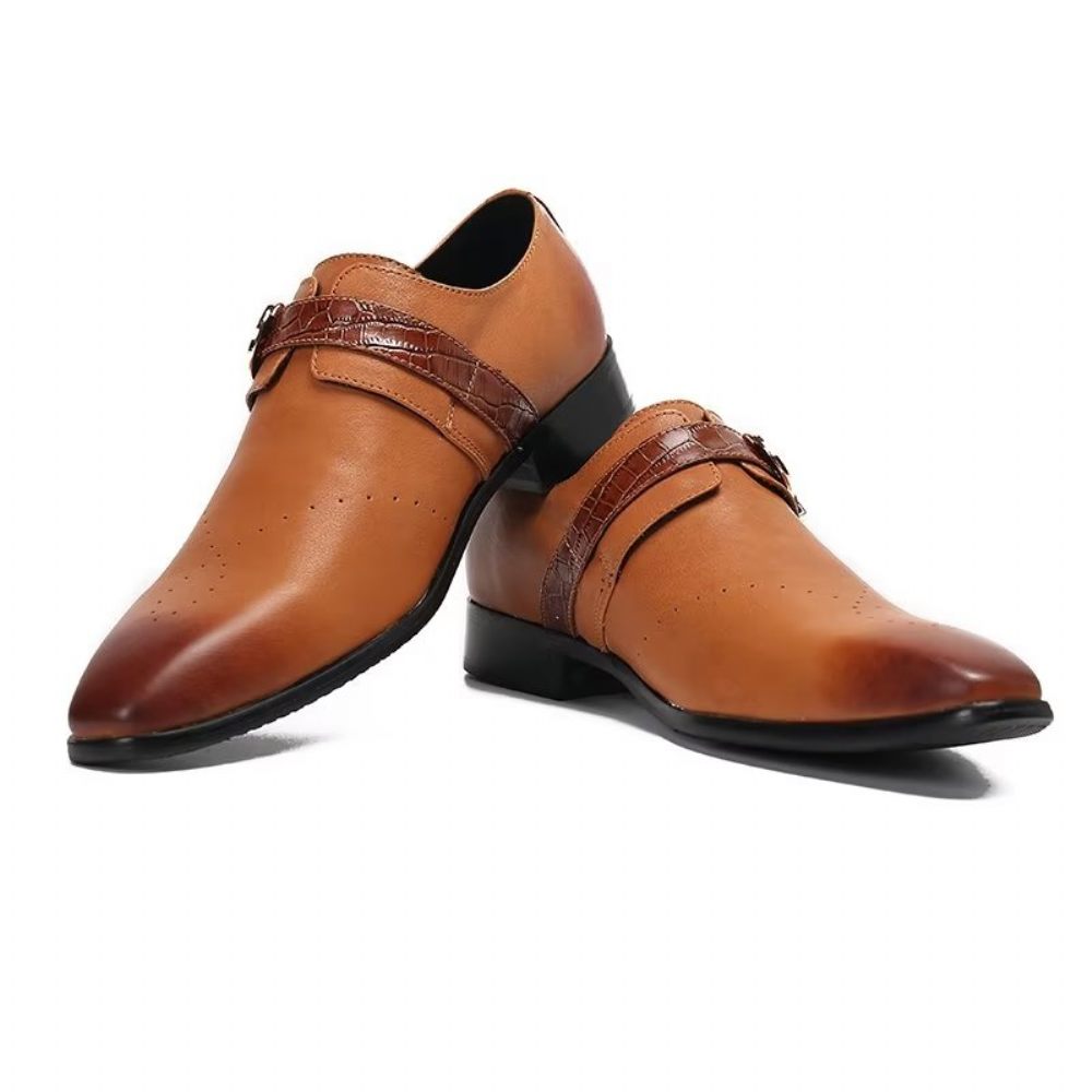 Chaussures Formelles Pour Hommes Monkstraps Slip-ons Élégants Avec Cuir Véritable - Marron