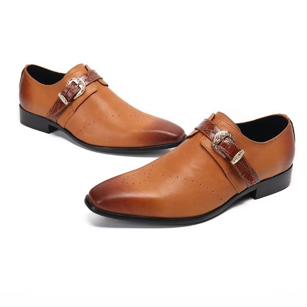 Chaussures Formelles Pour Hommes Monkstraps Slip-ons Élégants Avec Cuir Véritable - Marron