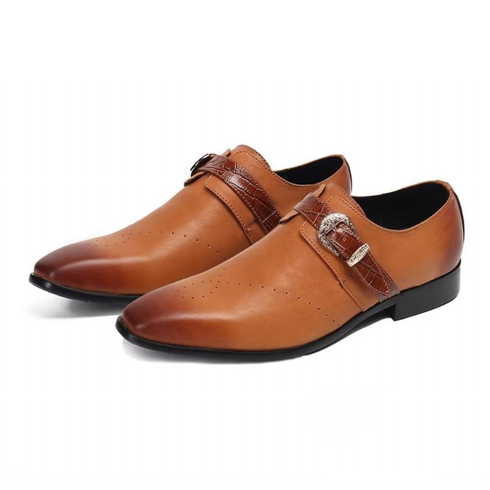 Chaussures Formelles Pour Hommes Monkstraps Slip-ons Élégants Avec Cuir Véritable - Marron