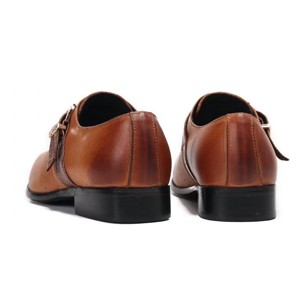 Chaussures Formelles Pour Hommes Monkstraps Slip-ons Élégants Avec Cuir Véritable - Marron