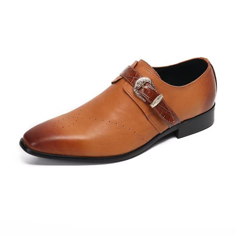 Chaussures Formelles Pour Hommes Monkstraps Slip-ons Élégants Avec Cuir Véritable - Marron