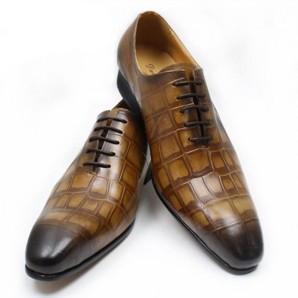 Chaussures Formelles Pour Hommes Oxford À Bout Pointu Cuir Crocodile Opulent - Café