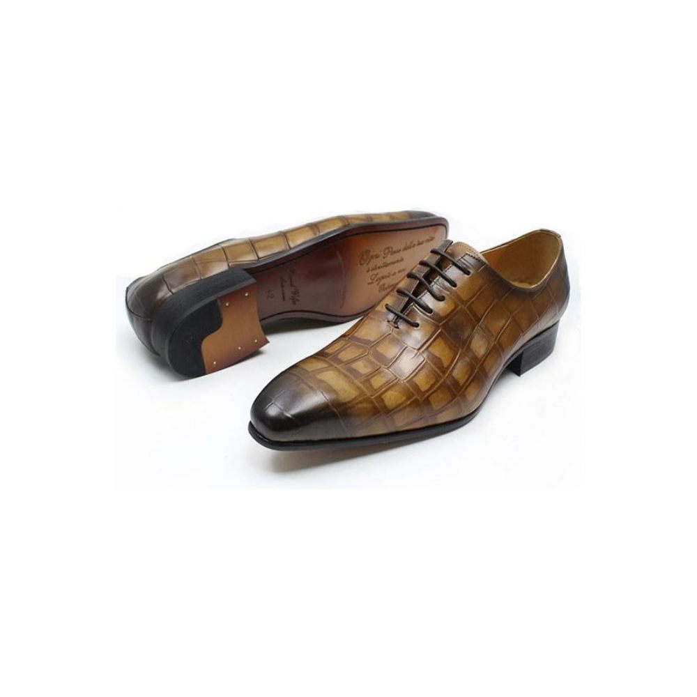 Chaussures Formelles Pour Hommes Oxford À Bout Pointu Cuir Crocodile Opulent - Café