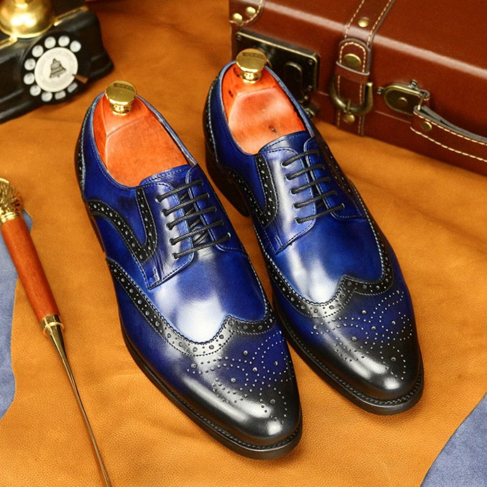 Chaussures Formelles Pour Hommes Oxford À Lacets Cuir Vache Exotique - Bleu