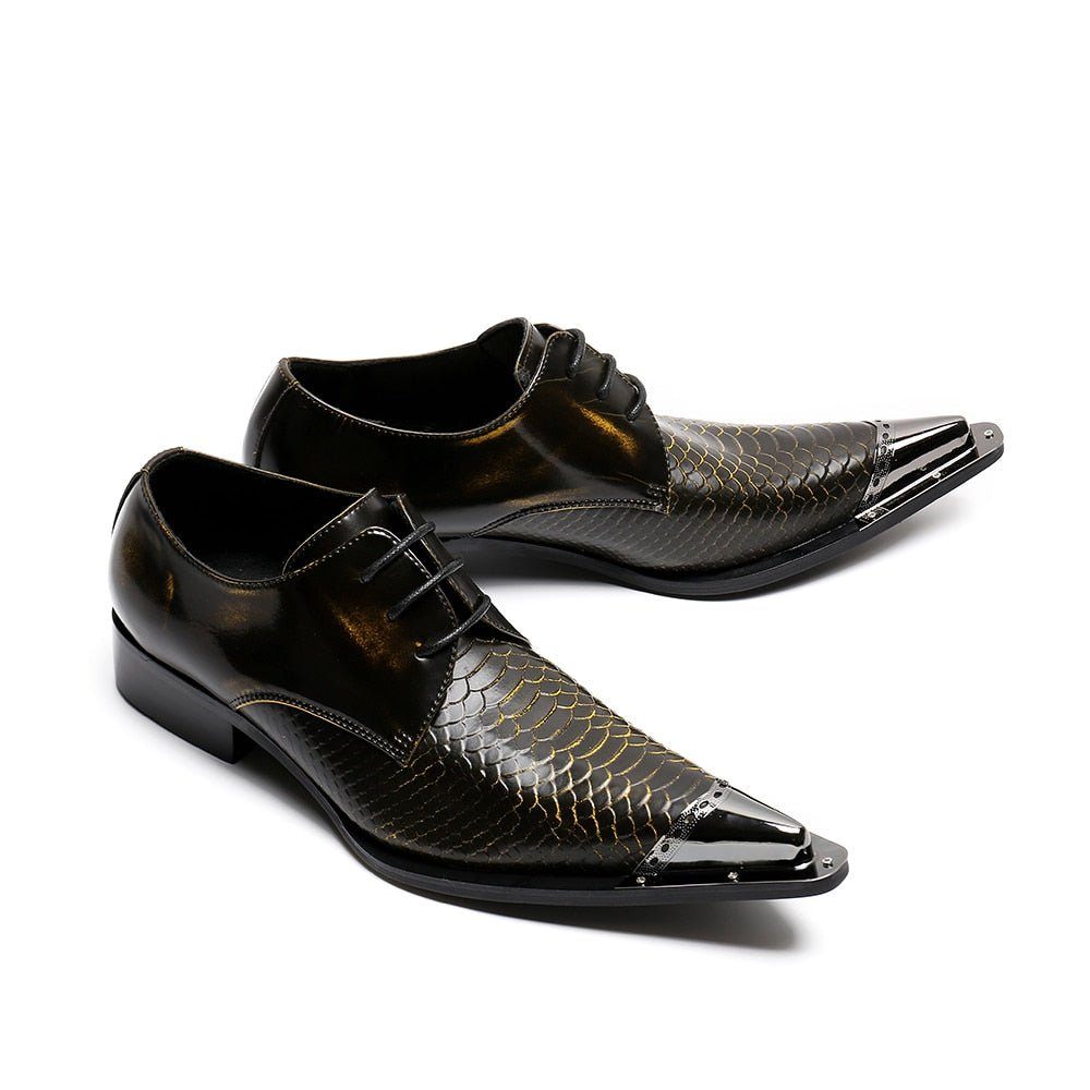 Chaussures Formelles Pour Hommes Oxfords À Bout Pointu Cuir Crocodile Exquis - Café