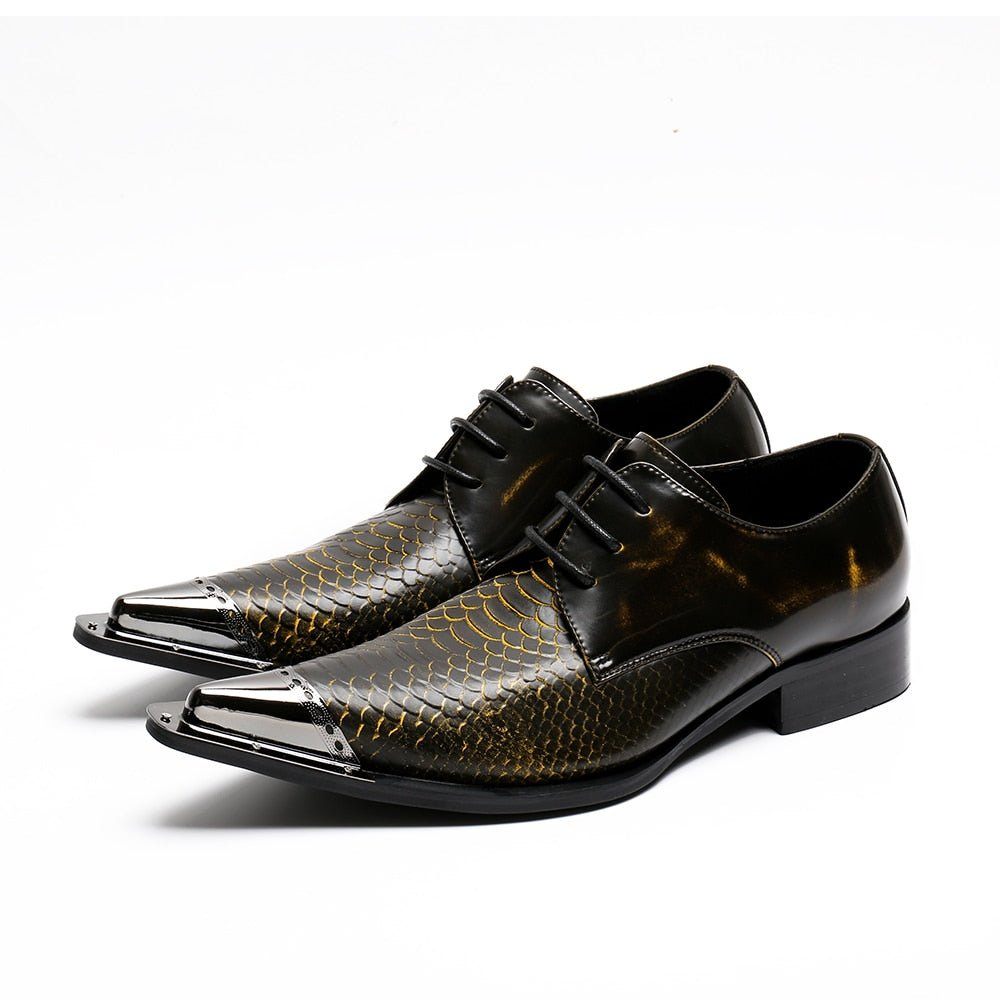 Chaussures Formelles Pour Hommes Oxfords À Bout Pointu Cuir Crocodile Exquis - Café