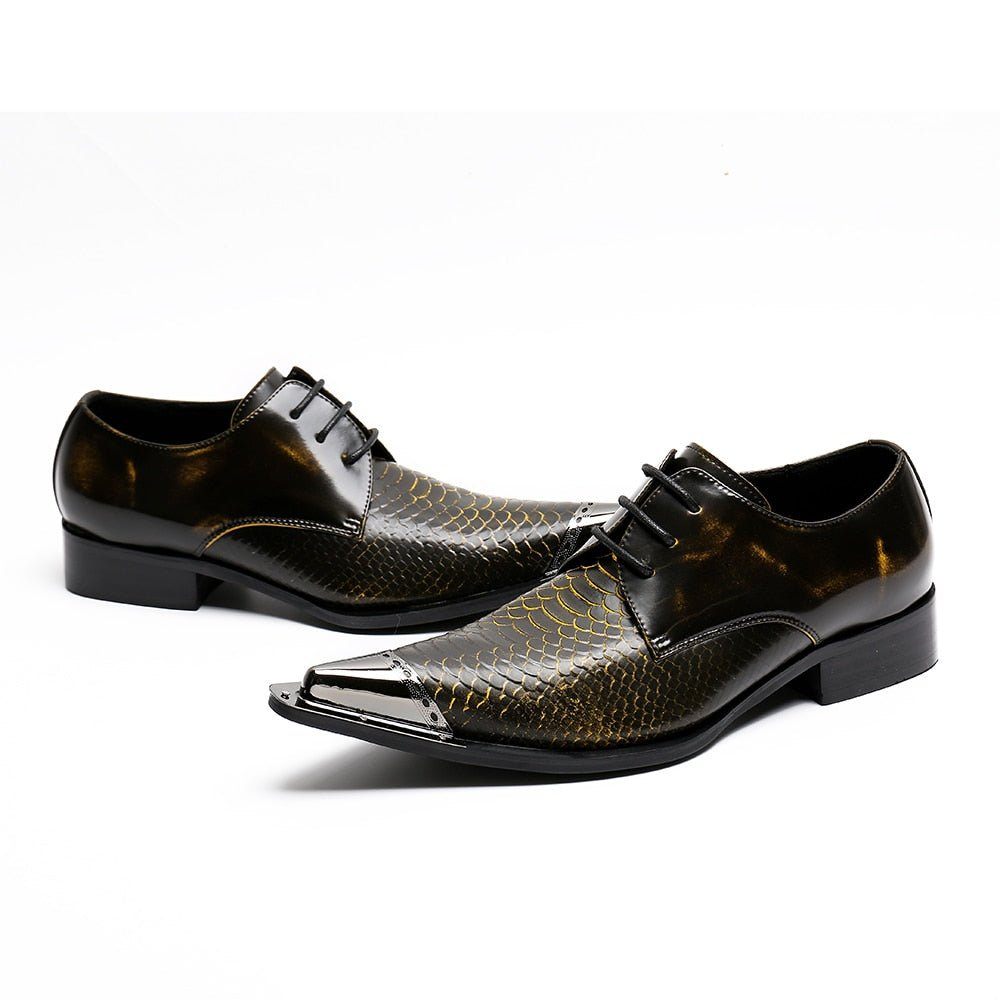 Chaussures Formelles Pour Hommes Oxfords À Bout Pointu Cuir Crocodile Exquis - Café