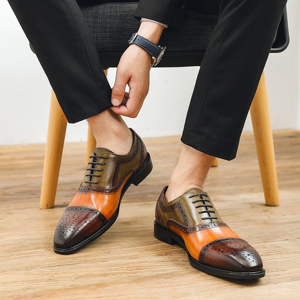 Chaussures Formelles Pour Hommes Oxfords À Lacets Cuir Bout D'aile - Orange