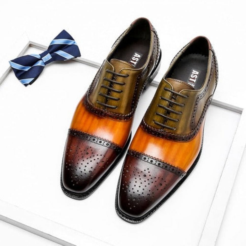 Chaussures Formelles Pour Hommes Oxfords À Lacets Cuir Bout D'aile - Orange