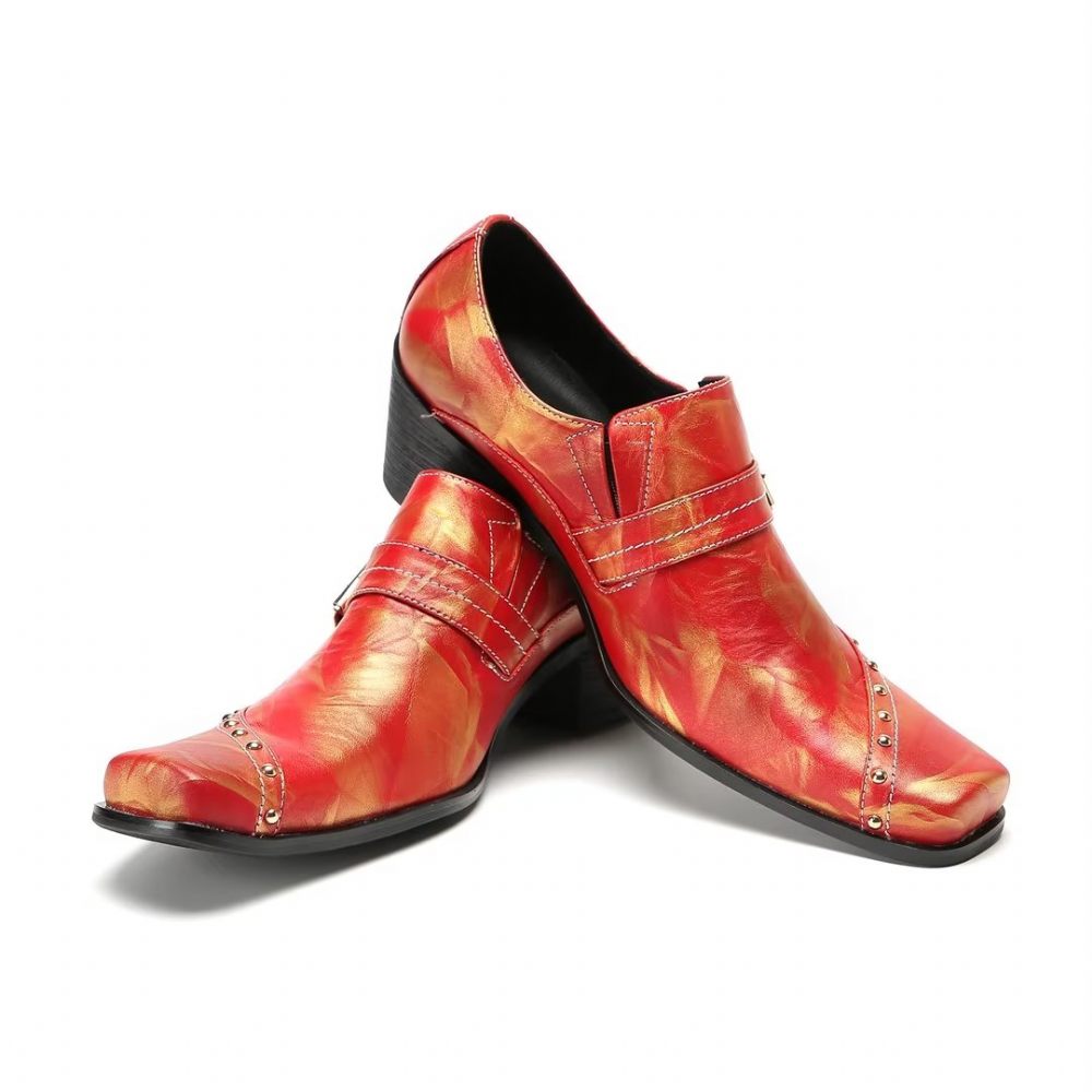 Chaussures Formelles Pour Hommes Pantoufles Sophistiquées À Bout Carré Avec Accents Métalliques - Rouge