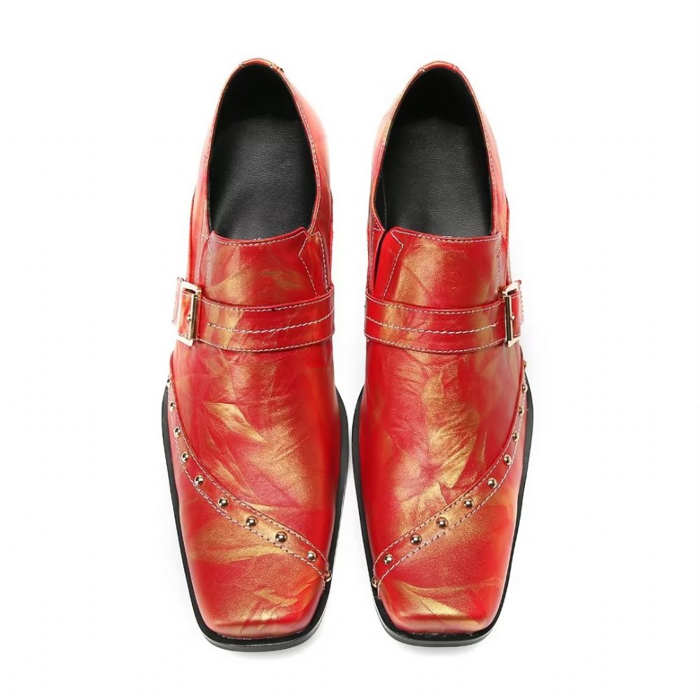 Chaussures Formelles Pour Hommes Pantoufles Sophistiquées À Bout Carré Avec Accents Métalliques - Rouge