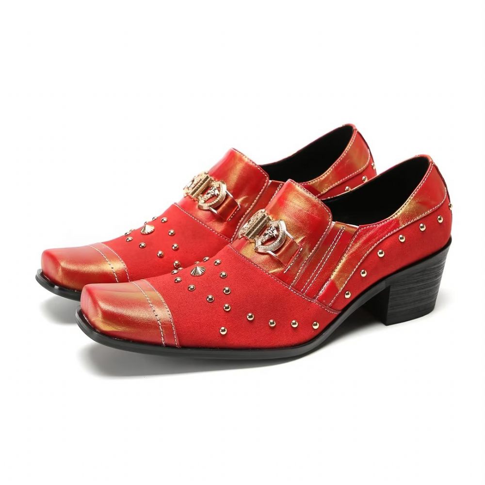 Chaussures Formelles Pour Hommes Pantoufles Sophistiquées À Bout Carré Avec Accents Métalliques - Rouge