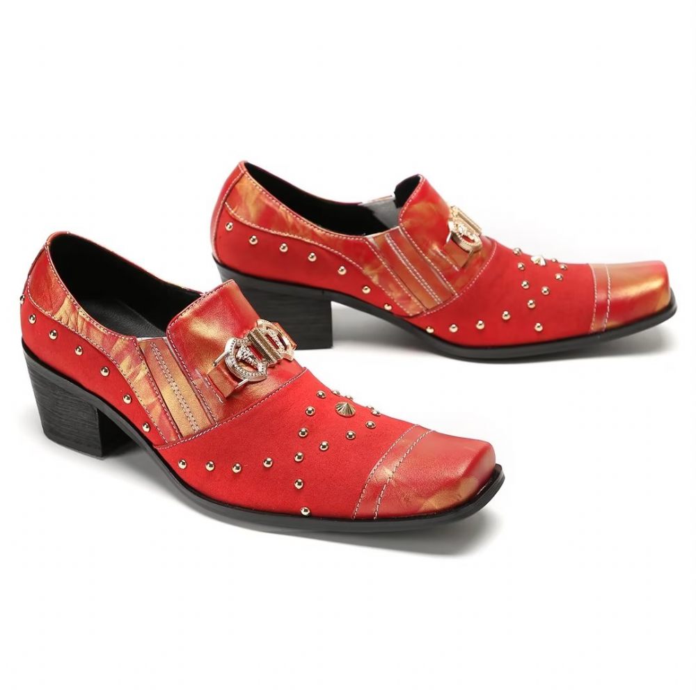 Chaussures Formelles Pour Hommes Pantoufles Sophistiquées À Bout Carré Avec Accents Métalliques - Rouge