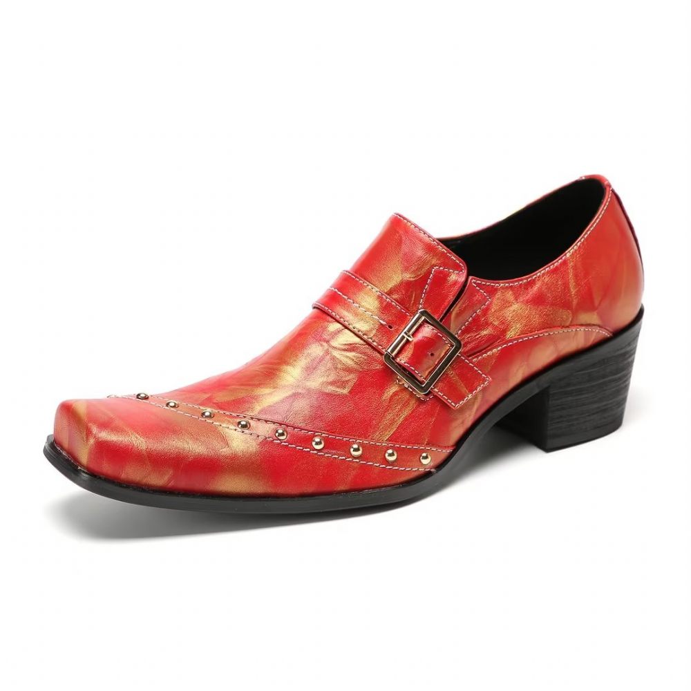 Chaussures Formelles Pour Hommes Pantoufles Sophistiquées À Bout Carré Avec Accents Métalliques - Rouge