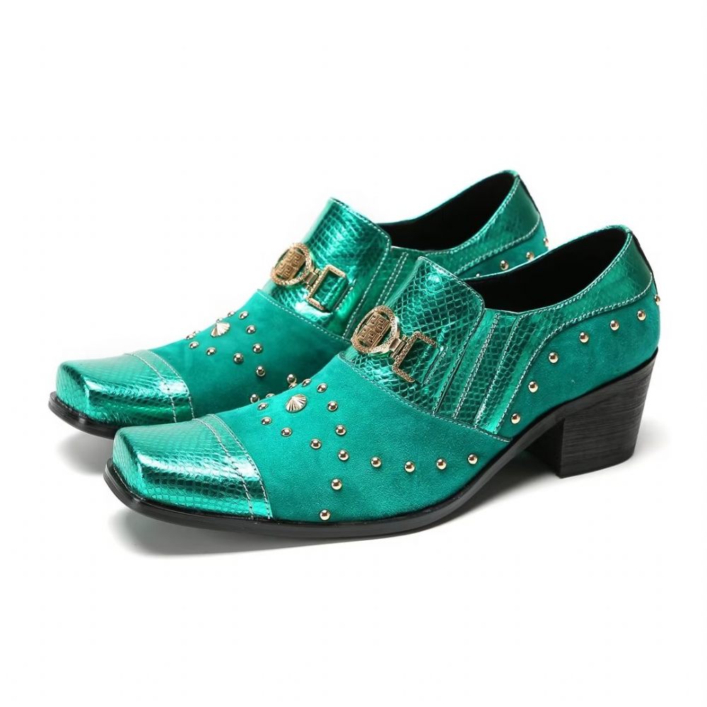 Chaussures Formelles Pour Hommes Pantoufles Sophistiquées À Bout Carré Avec Accents Métalliques - Vert